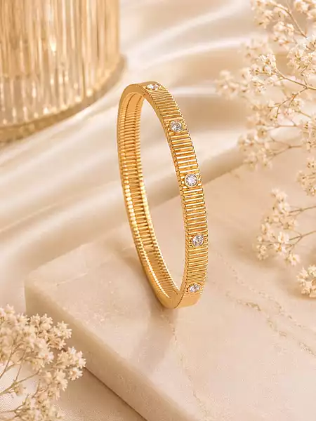 Gold Tone Crystal Studded Ribbed Kada Bracelet
