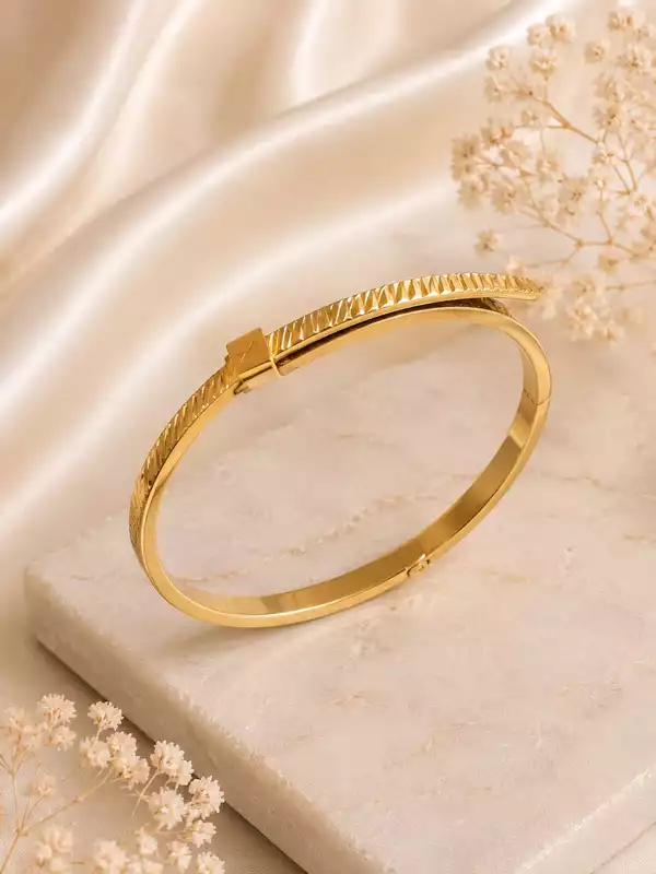 Gold Tone Textured Open Kada Bracelet