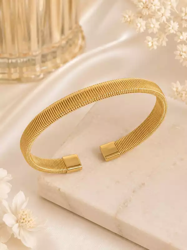 Gold Tone Ribbed Open Cuff Kada Bracelet