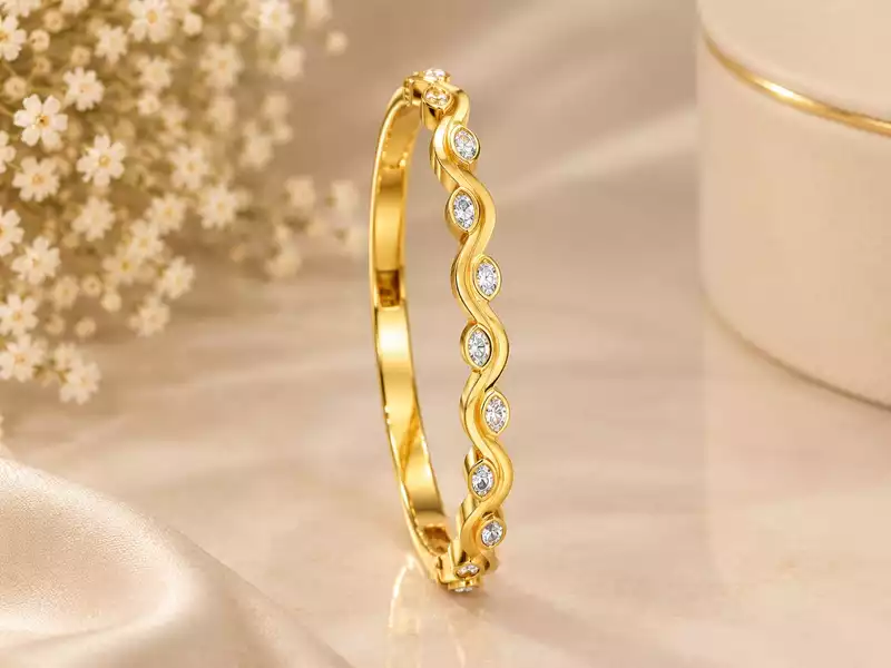 Gold Tone Crystal Studded Wave Kada Bracelet