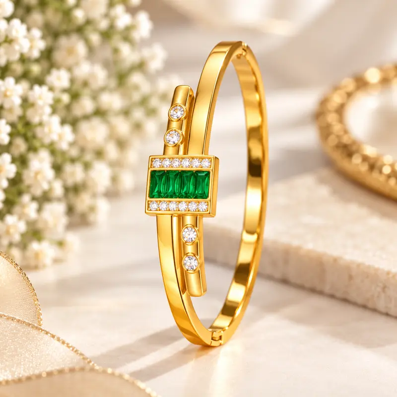 Gold Tone Green Stone & Crystal Studded Open Kada Bracelet
