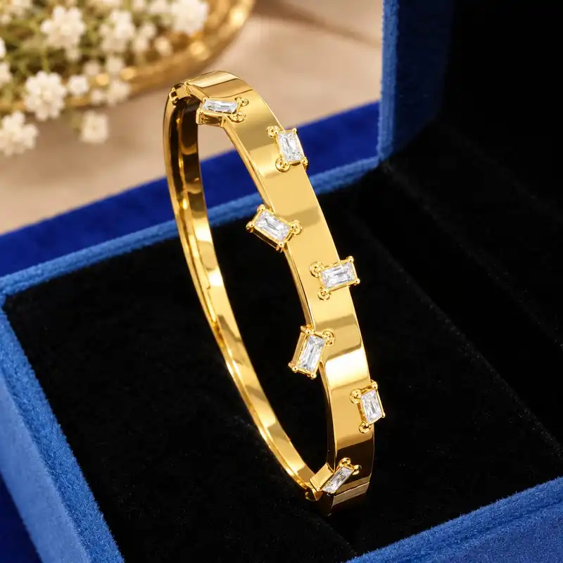 Gold Tone Rectangular Crystal Studded Kada Bracelet