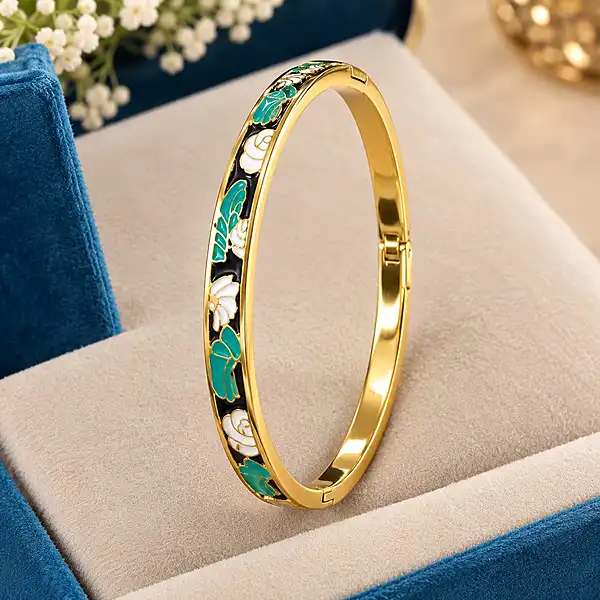 Gold Tone Floral Enamel Kada Bracelet for Women