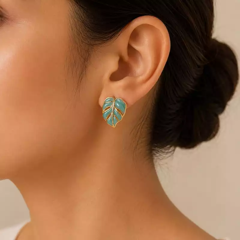 Turquoise Blue Monstera Leaf Stud Earrings