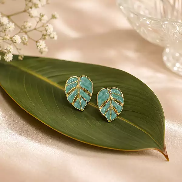 Turquoise Blue Monstera Leaf Stud Earrings