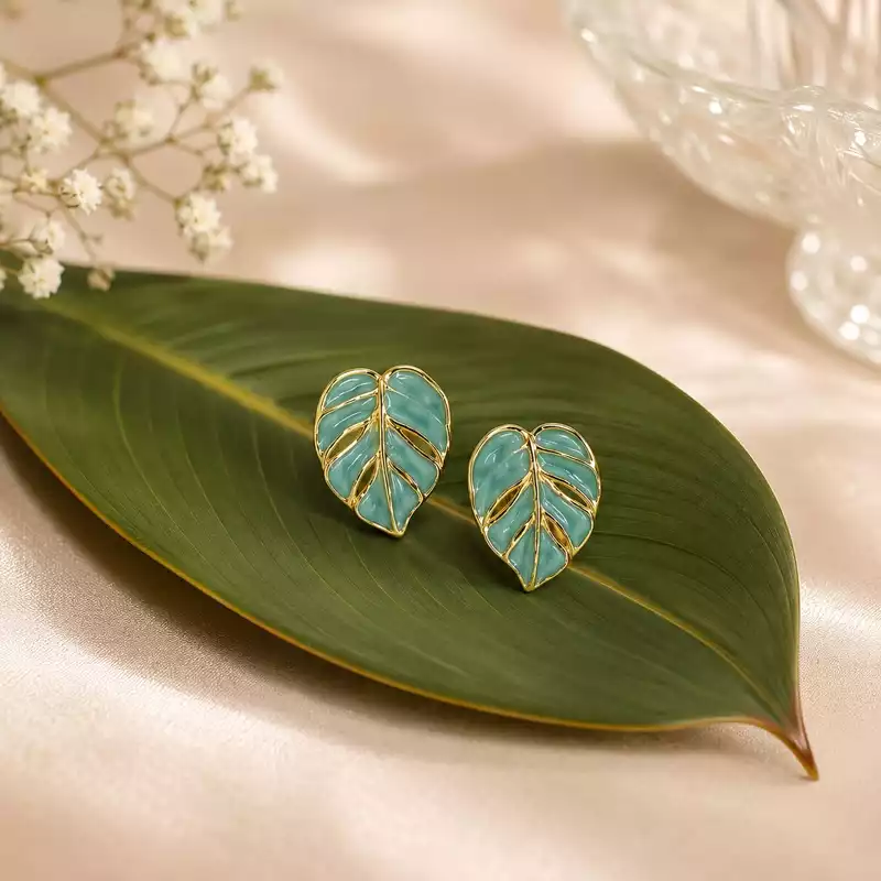 Turquoise Blue Monstera Leaf Stud Earrings