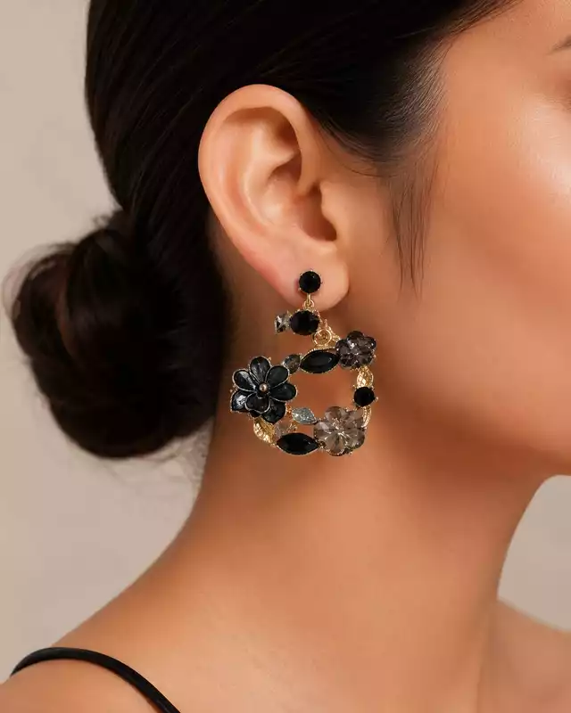Black Floral Crystal Drop Earrings