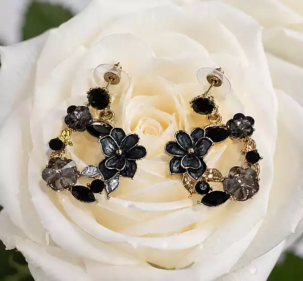 Black Floral Crystal Drop Earrings