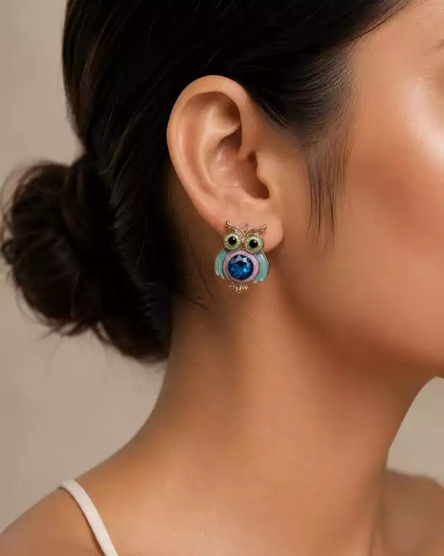 Blue Crystal Owl Stud Earrings