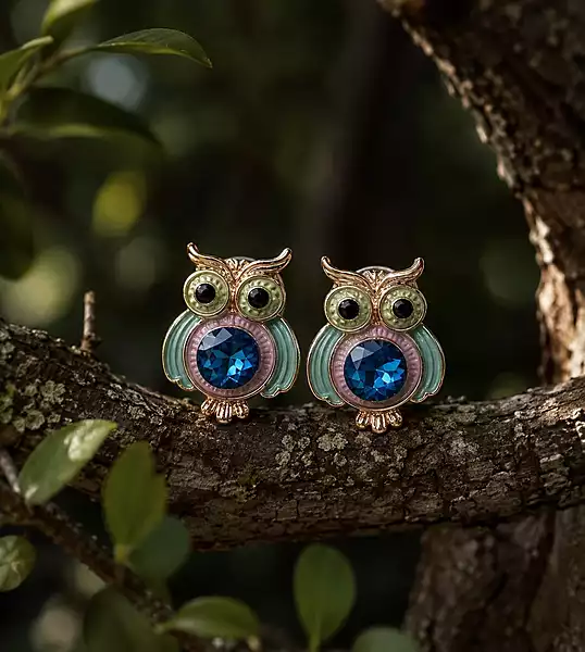 Blue Crystal Owl Stud Earrings