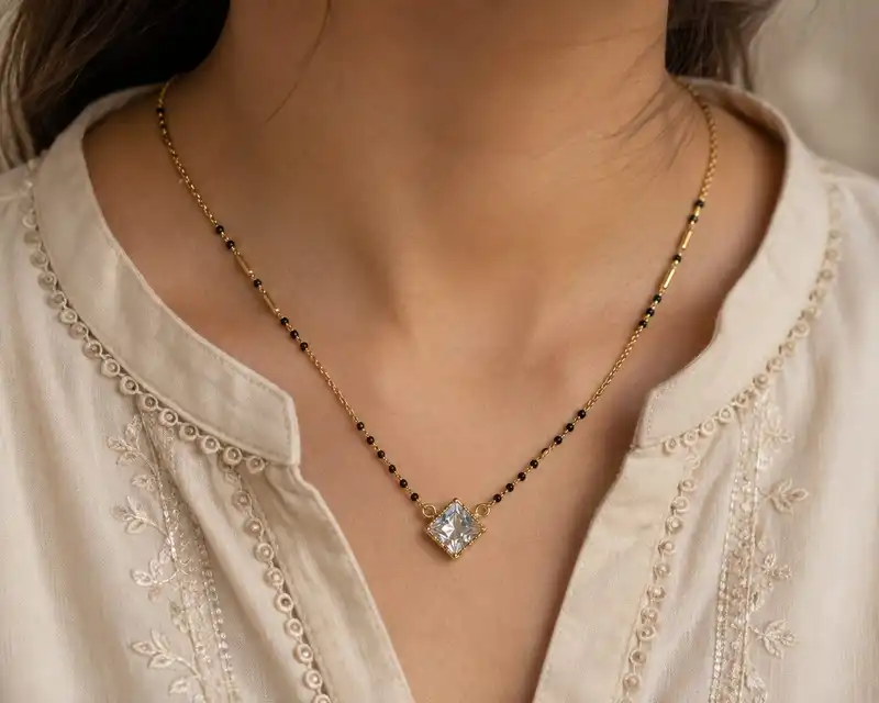 Gold-Tone Black Beaded Mangalsutra with Square Stone Pendant