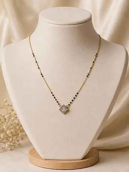Gold-Tone Black Beaded Mangalsutra with Square Stone Pendant