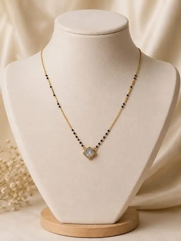 Gold-Tone Black Beaded Mangalsutra with Square Stone Pendant