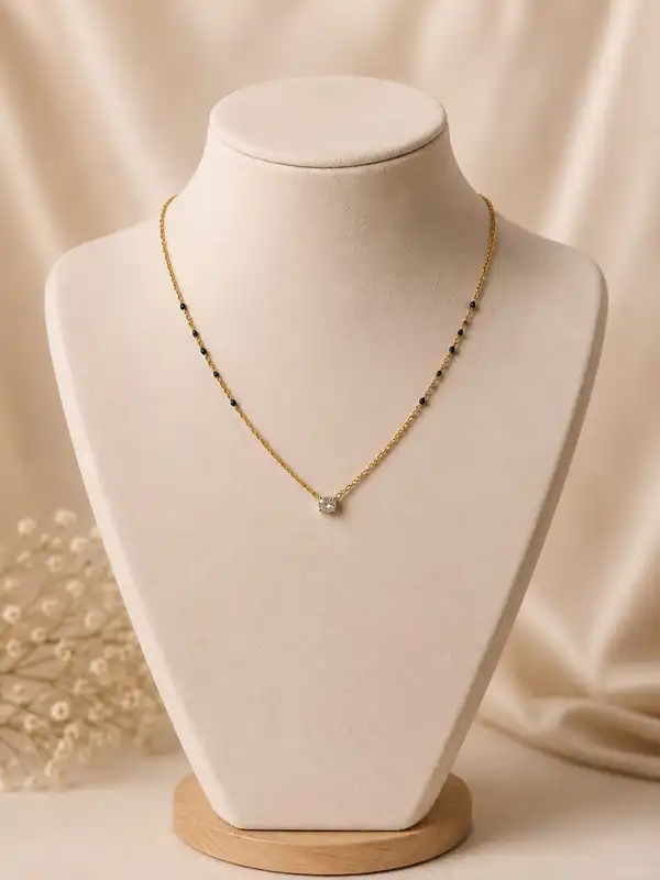 Gold-Tone Black Beaded Mangalsutra with Solitaire Pendant