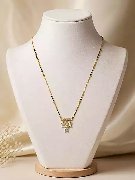 Gold-Tone Black Beaded Mangalsutra with Geometric Stone Pendant