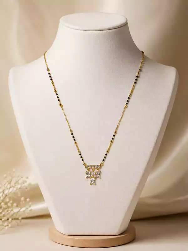 Gold-Tone Black Beaded Mangalsutra with Geometric Stone Pendant