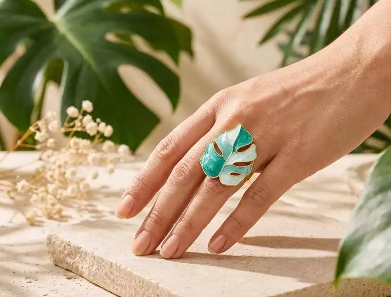 Teal Green Leaf Design Ring