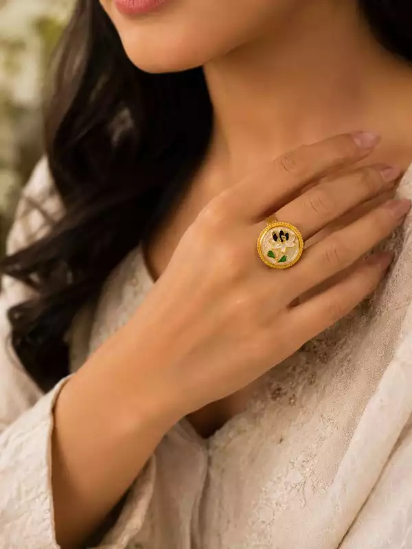 Floral Enamel Statement Ring with Green Leaf & Black Flower Details