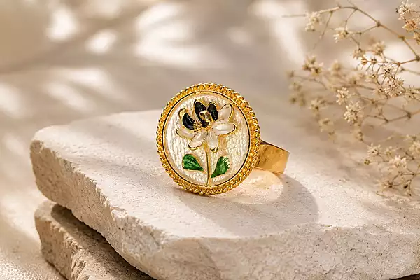 Floral Enamel Statement Ring with Green Leaf & Black Flower Details