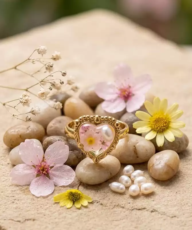 Pink Floral Heart Statement Ring