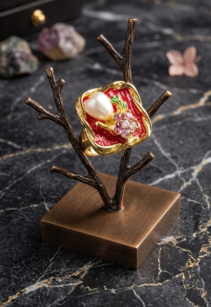 Red Enamel Pearl Embellished Fashion Ring
